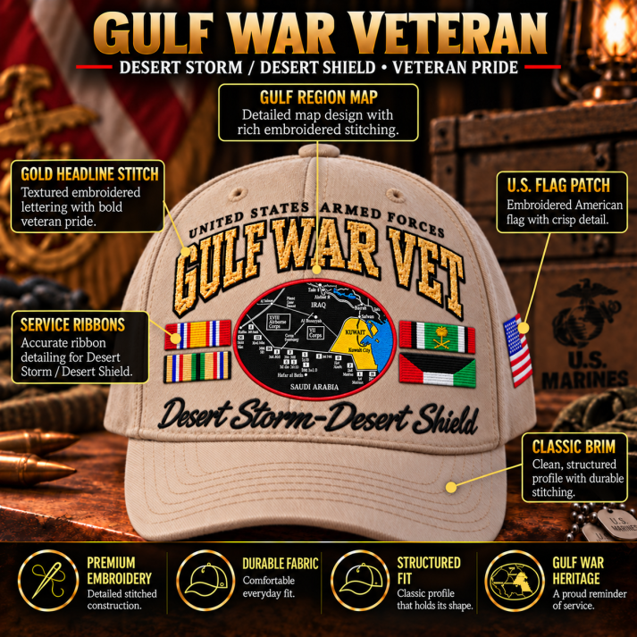 Close-up guide to the embroidered details of the Gulf War Veteran cap