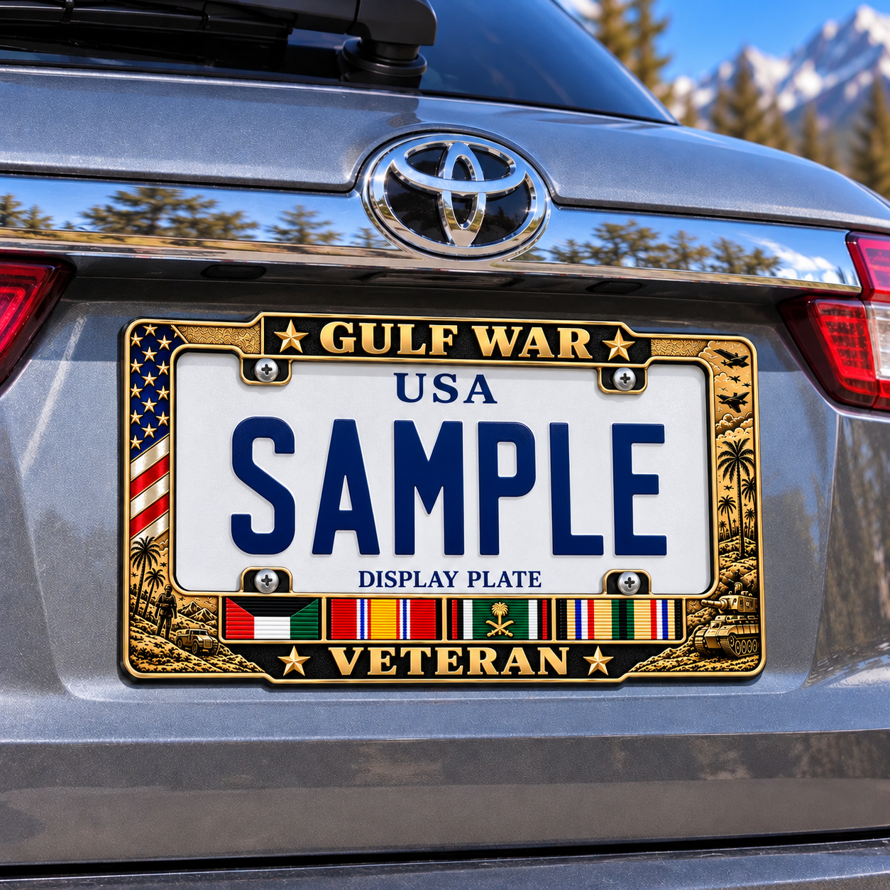 Gulf War Veteran license plate frame displayed on the rear of a silver SUV