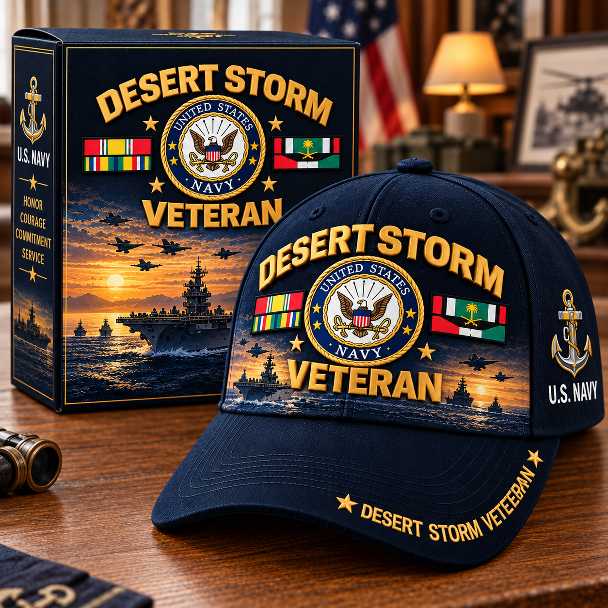 Dark navy U.S. Navy Desert Storm Veteran Tribute Cap with naval ships and aviation artwork