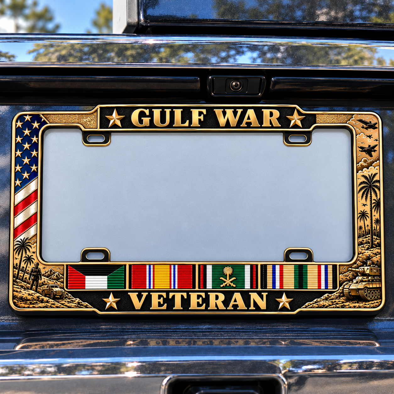 Gulf War Veteran frame showing the flag motif, ribbon designs, desert imagery and four mounting slots
