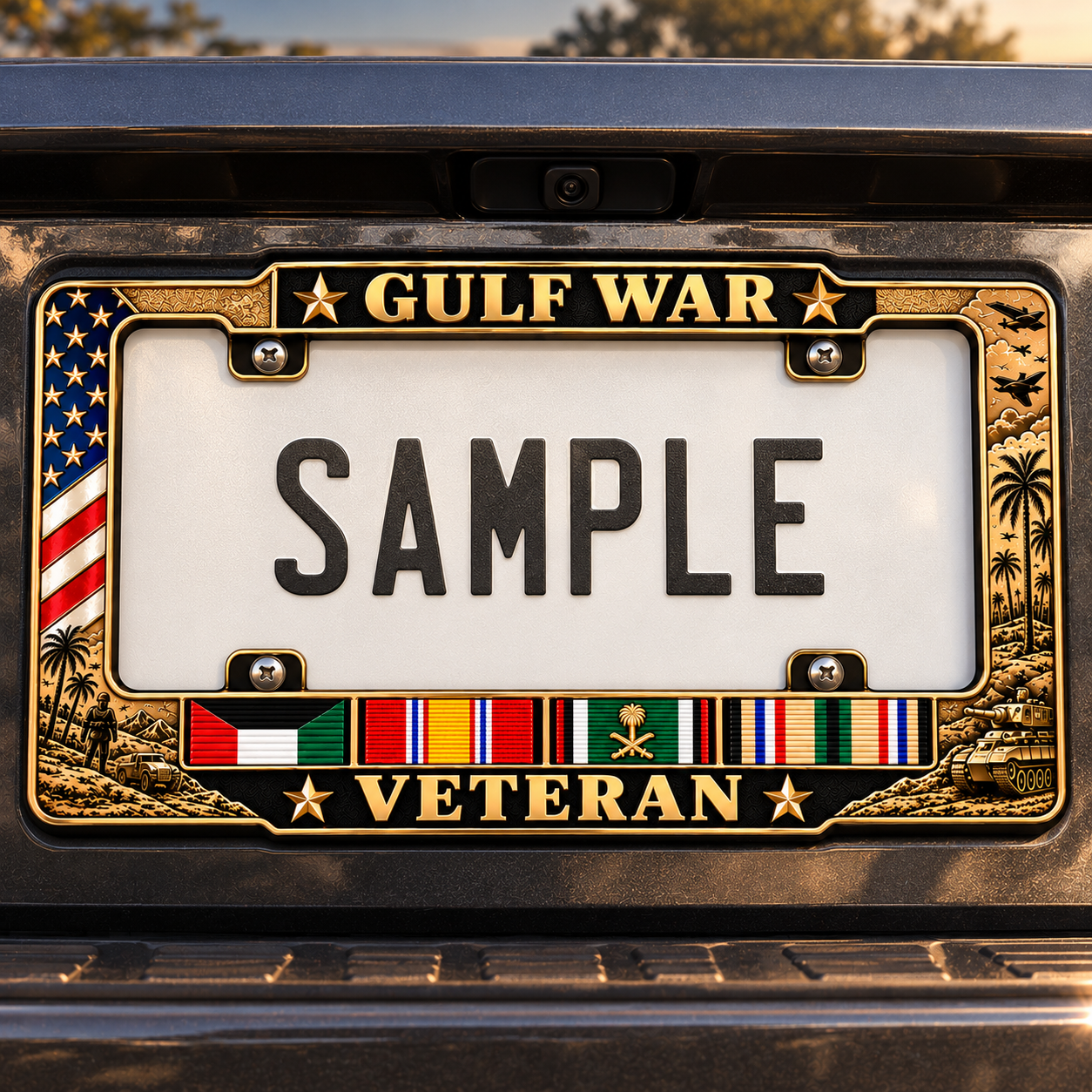 Front view of the black and gold Gulf War Veteran license plate frame