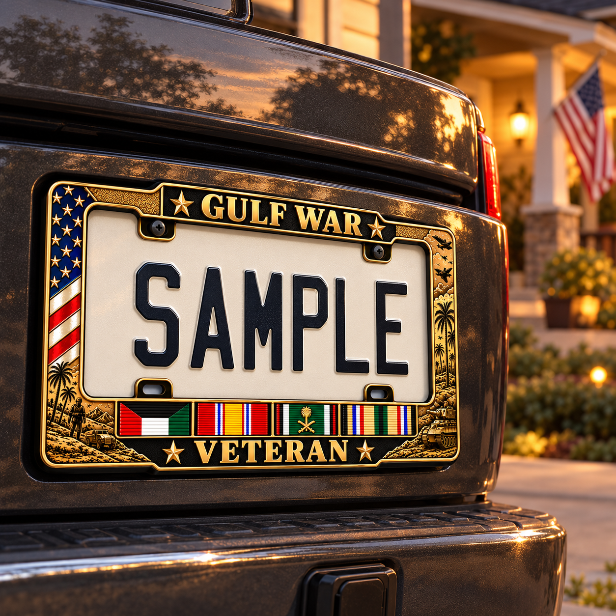 Gulf War Veteran frame on a truck outside a home at sunset