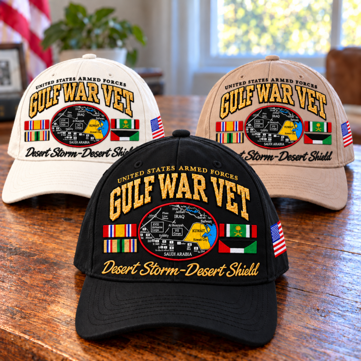 Khaki, black and white Gulf War Veteran tribute caps