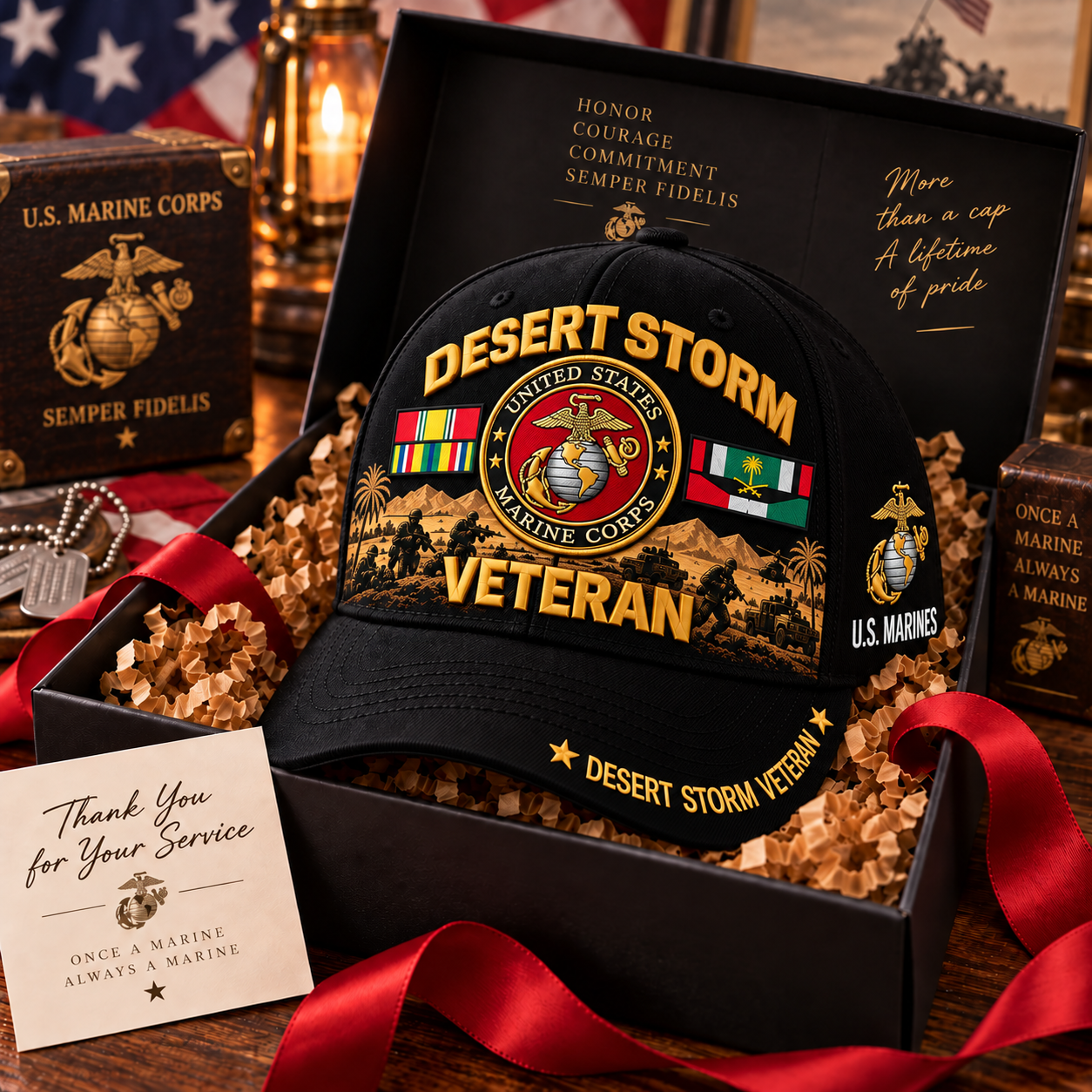 Marine Corps Desert Storm Veteran Tribute Cap displayed in a gift presentation with a thank-you card