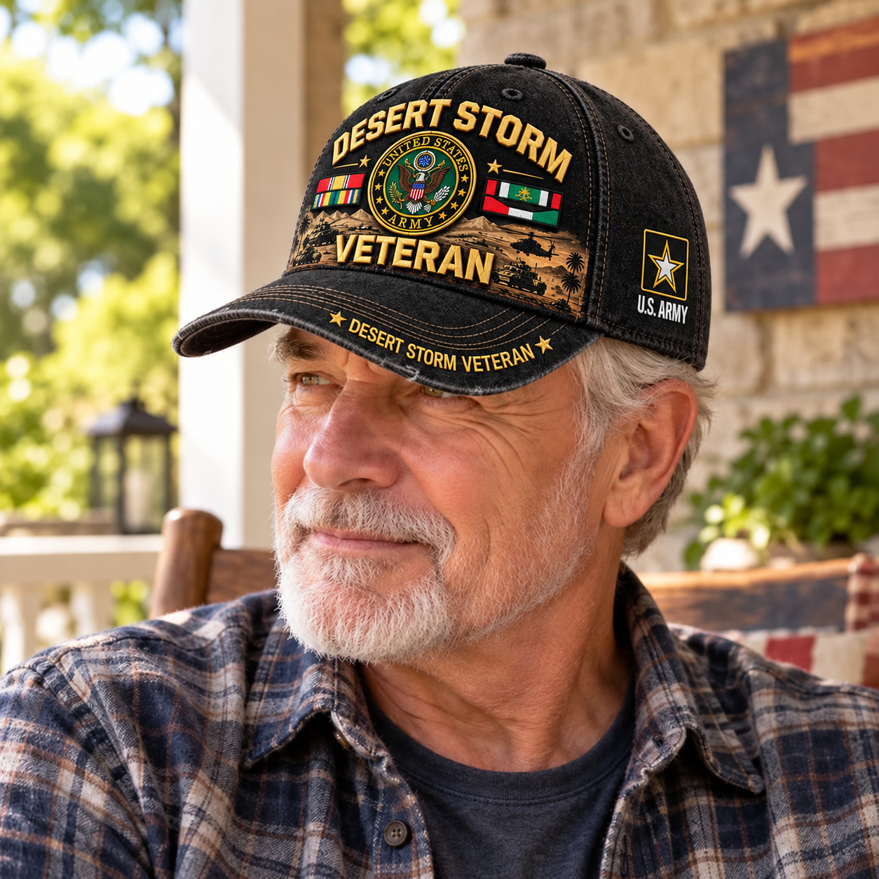 Man wearing the U.S. Army Desert Storm Veteran Tribute Cap on a porch