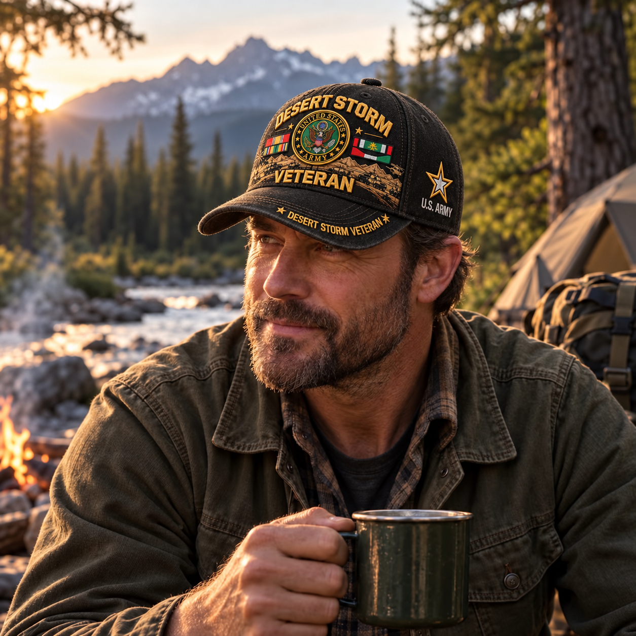Man wearing an Army Desert Storm cap while holding a mug at an outdoor campsite