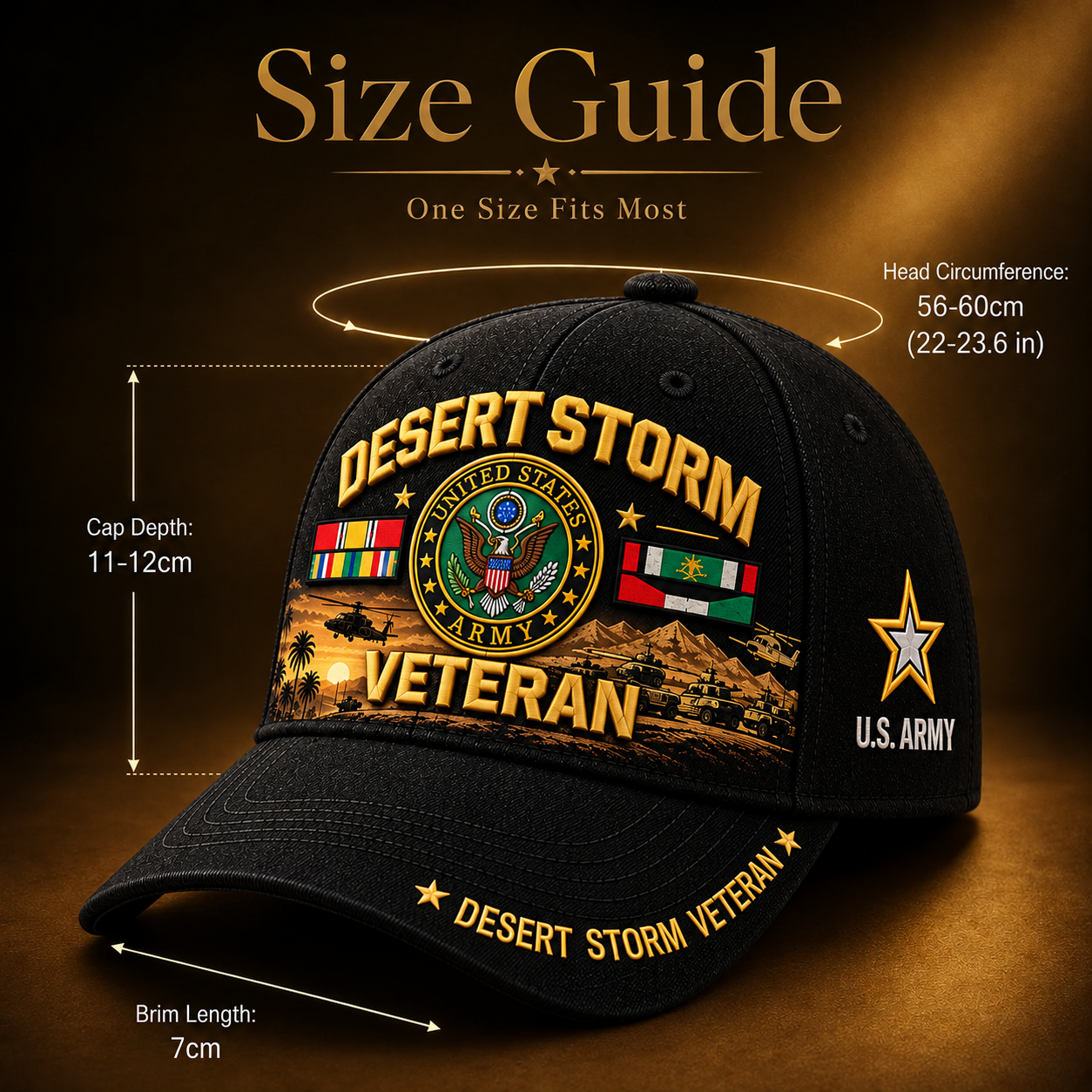 Cap size guide showing a 56–60 cm head circumference, approximately 22–23.6 inches, an 11–12 cm cap depth and a 7 cm brim