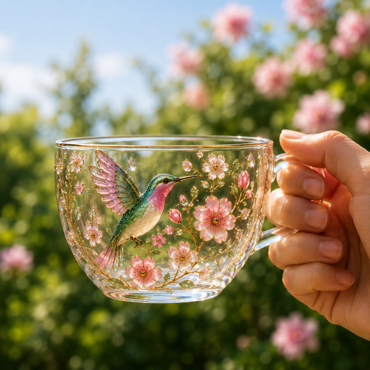 🌸 Hummingbird Morning Bliss Glass Tea Cup ☕
