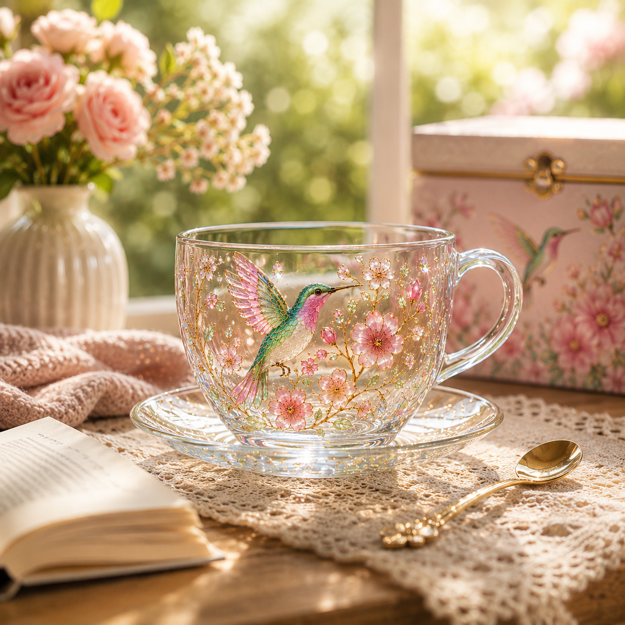 🌸 Hummingbird Morning Bliss Glass Tea Cup ☕