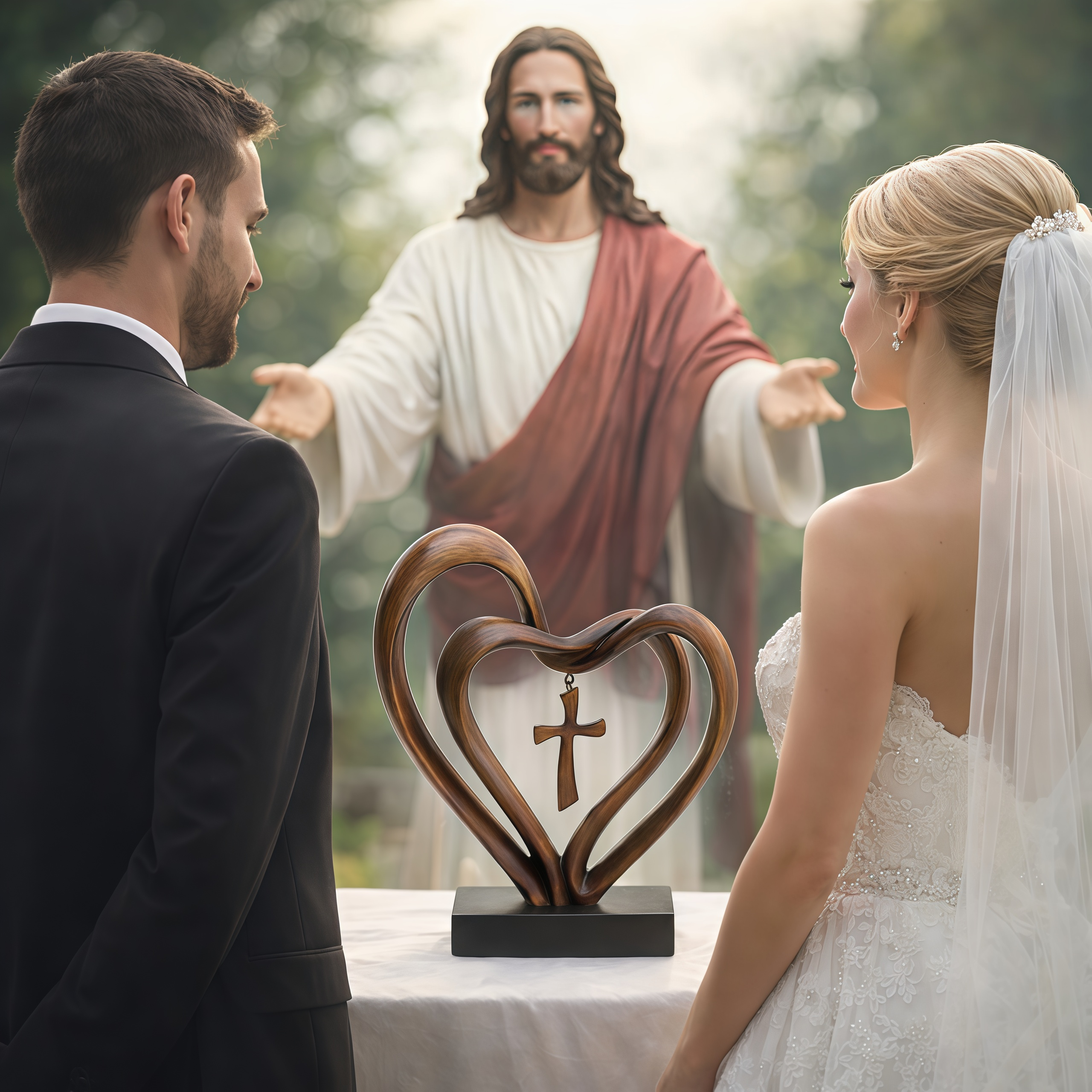 ✝Marriage Takes Three – Entwined Heart & Cross Christian Wedding Sculpture