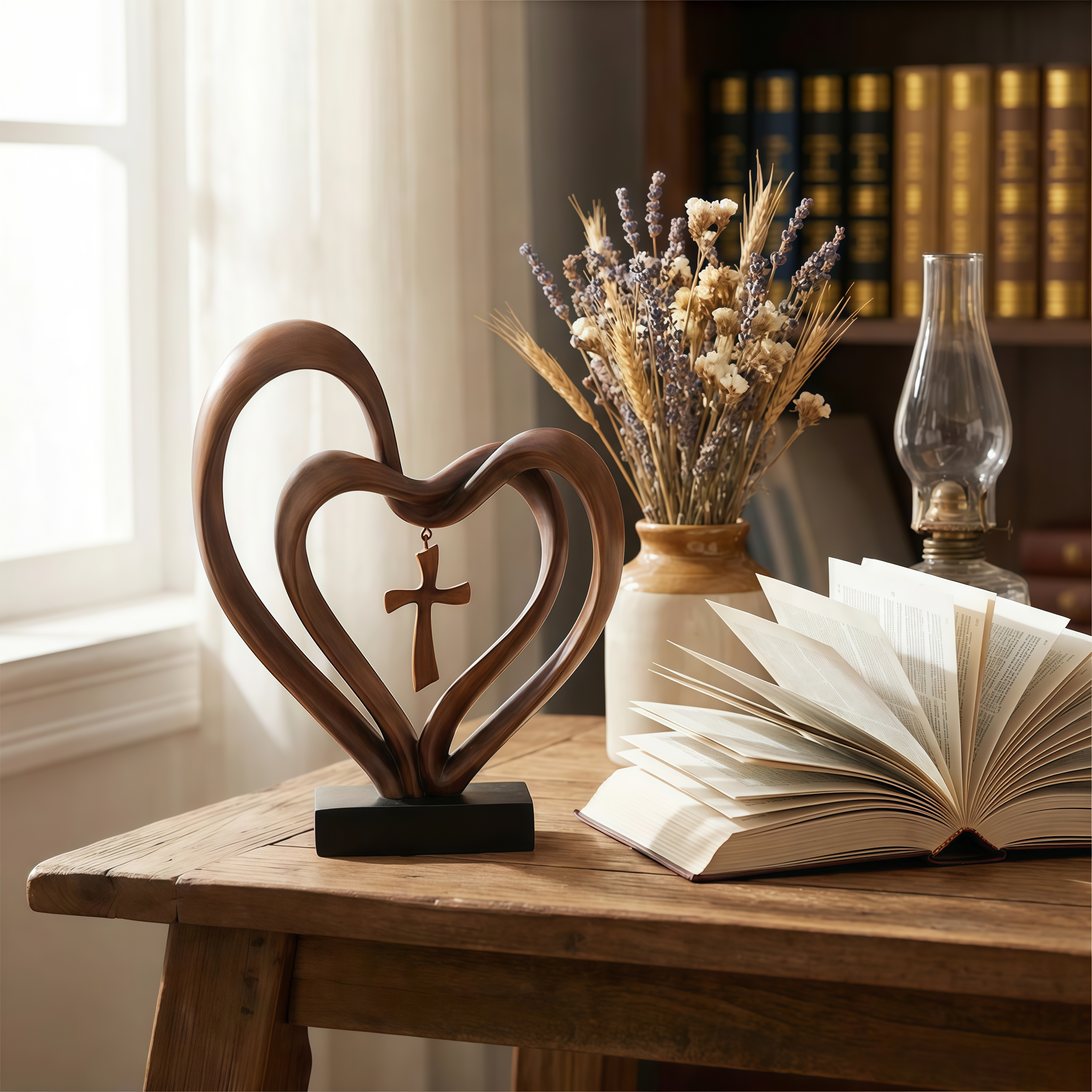 ✝Marriage Takes Three – Entwined Heart & Cross Christian Wedding Sculpture