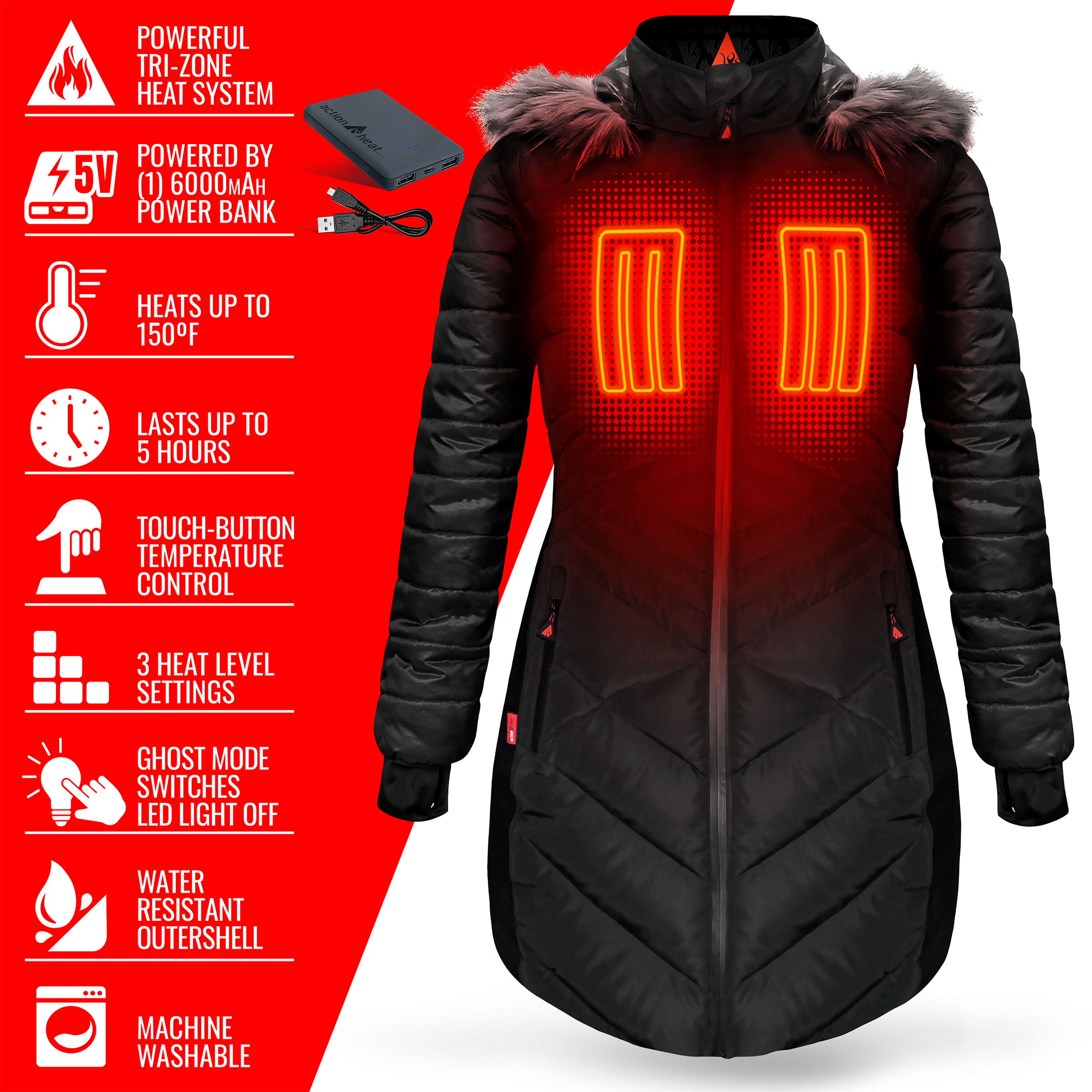 🎄Today's Special Value®🎁5V Battery Heated Long Puffer Jacket with Fur Hood - Women's