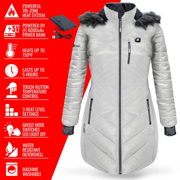 🎄Today's Special Value®🎁5V Battery Heated Long Puffer Jacket with Fur Hood - Women's
