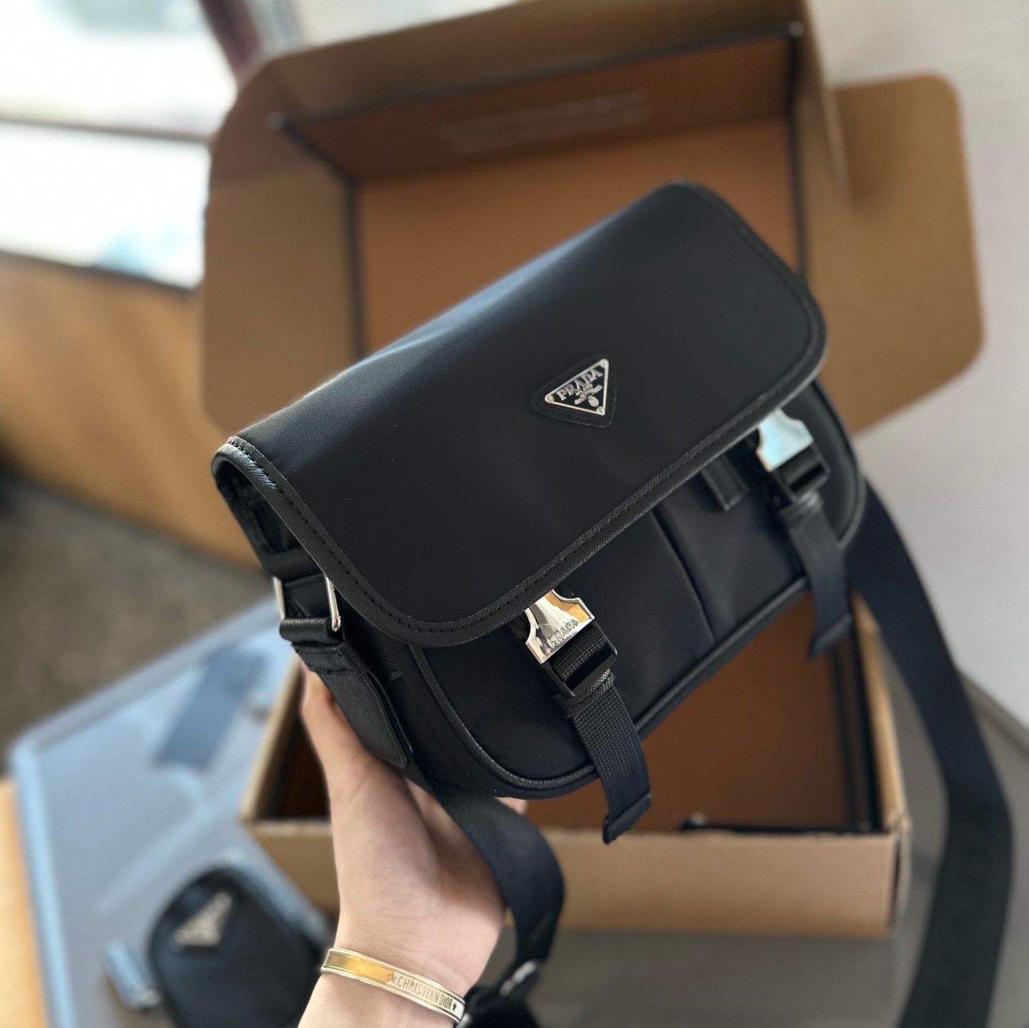 Re-Nylon and Saffiano leather shoulder bag