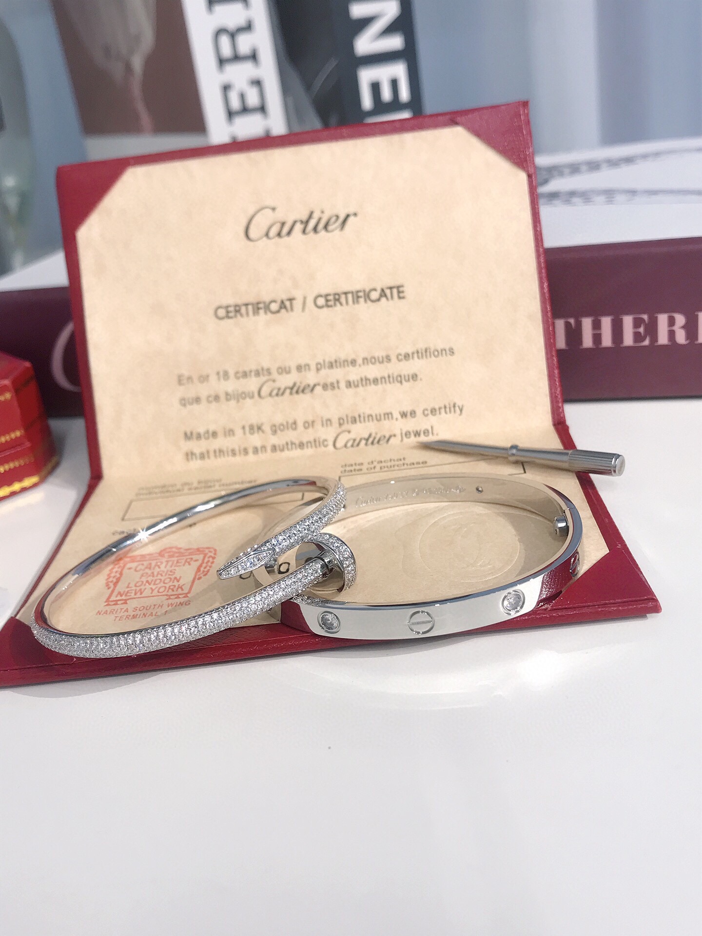 LOVE BRACELET, 4 DIAMONDS + JUSTE UN CLOU BRACELET, MEDIUM MODEL