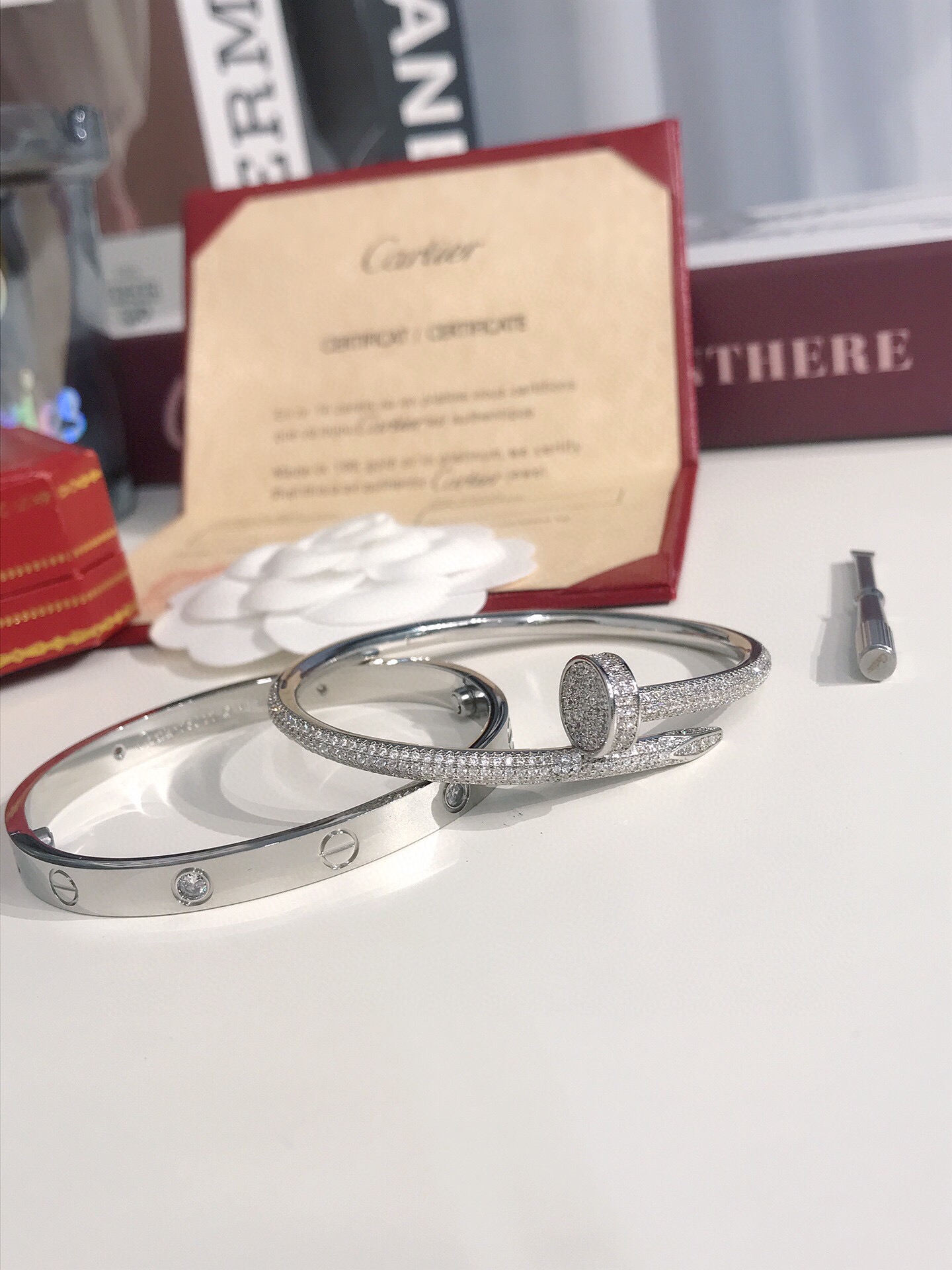 LOVE BRACELET, 4 DIAMONDS + JUSTE UN CLOU BRACELET, MEDIUM MODEL