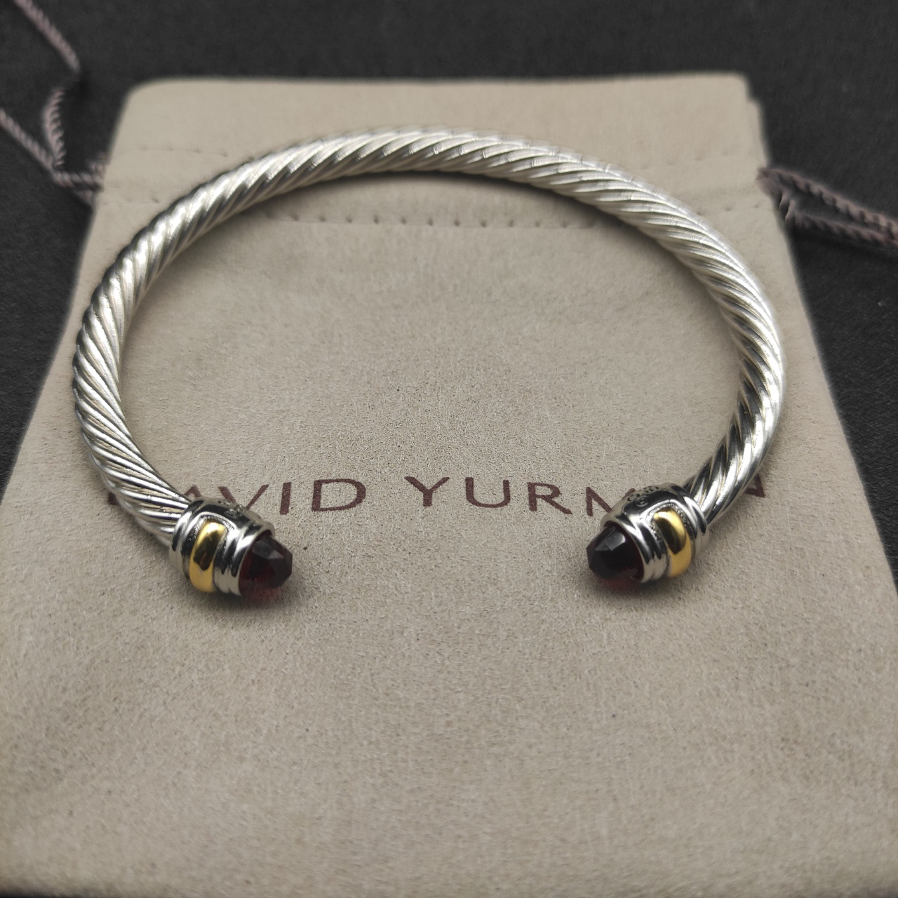 Classic Cable Bracelet Sterling Silver with 14K Yellow Gold and Red Topaz, 5mm