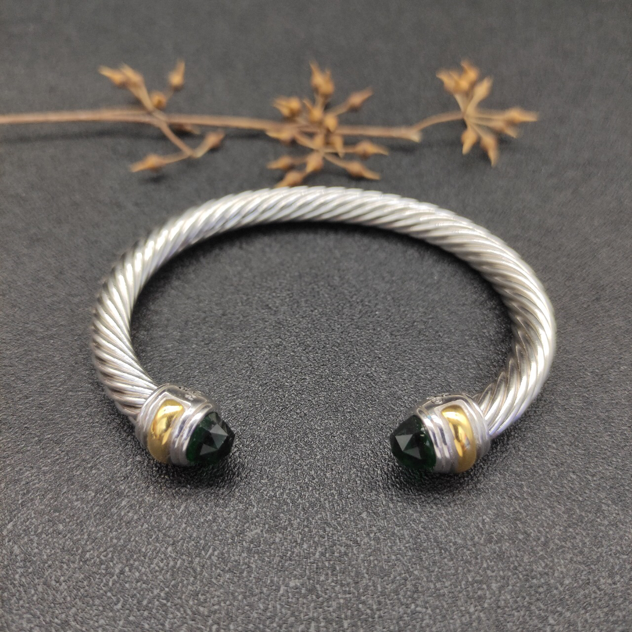 Classic Cable Bracelet Sterling Silver with 14K Yellow Gold and Prasiolite, 5mm