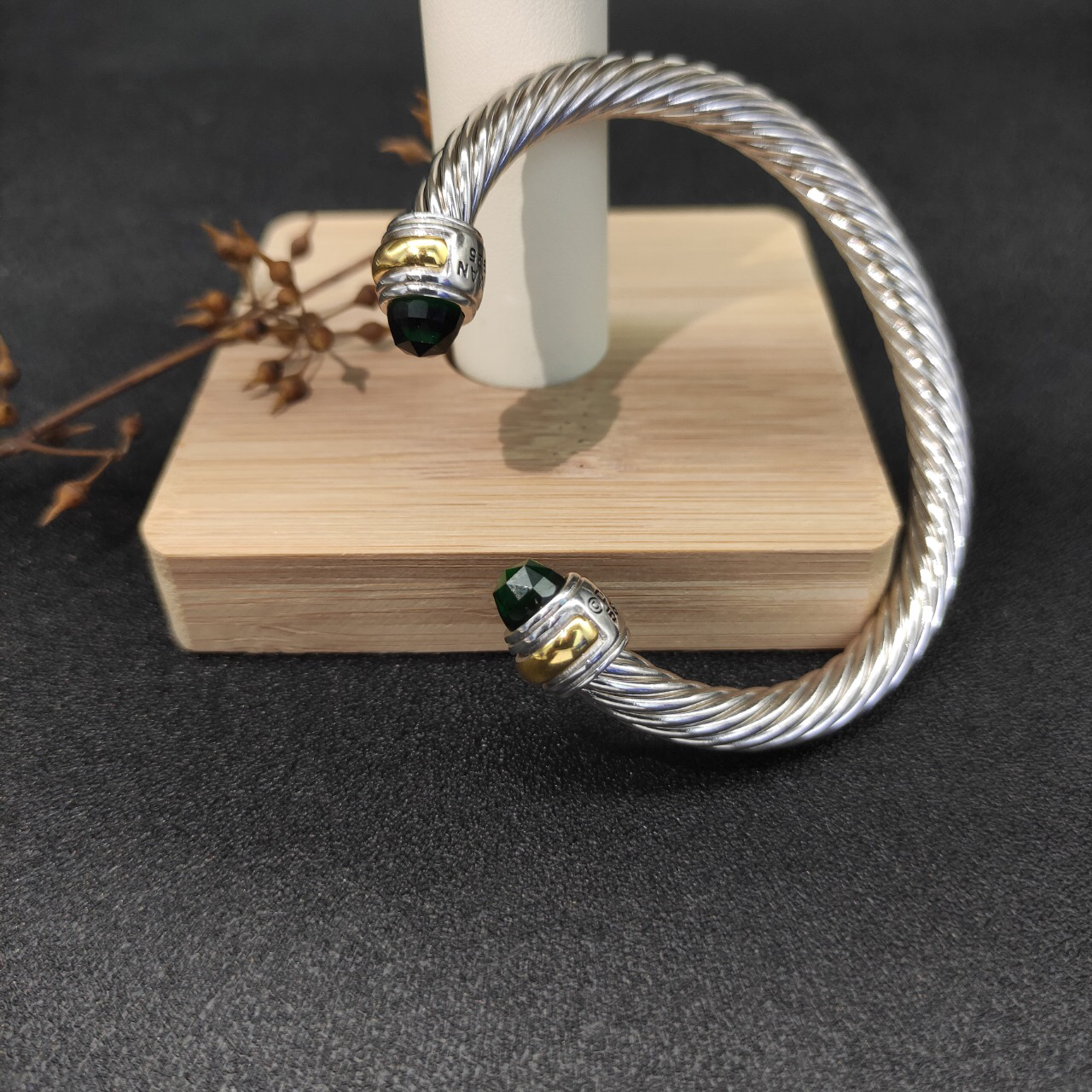Classic Cable Bracelet Sterling Silver with 14K Yellow Gold and Prasiolite, 5mm