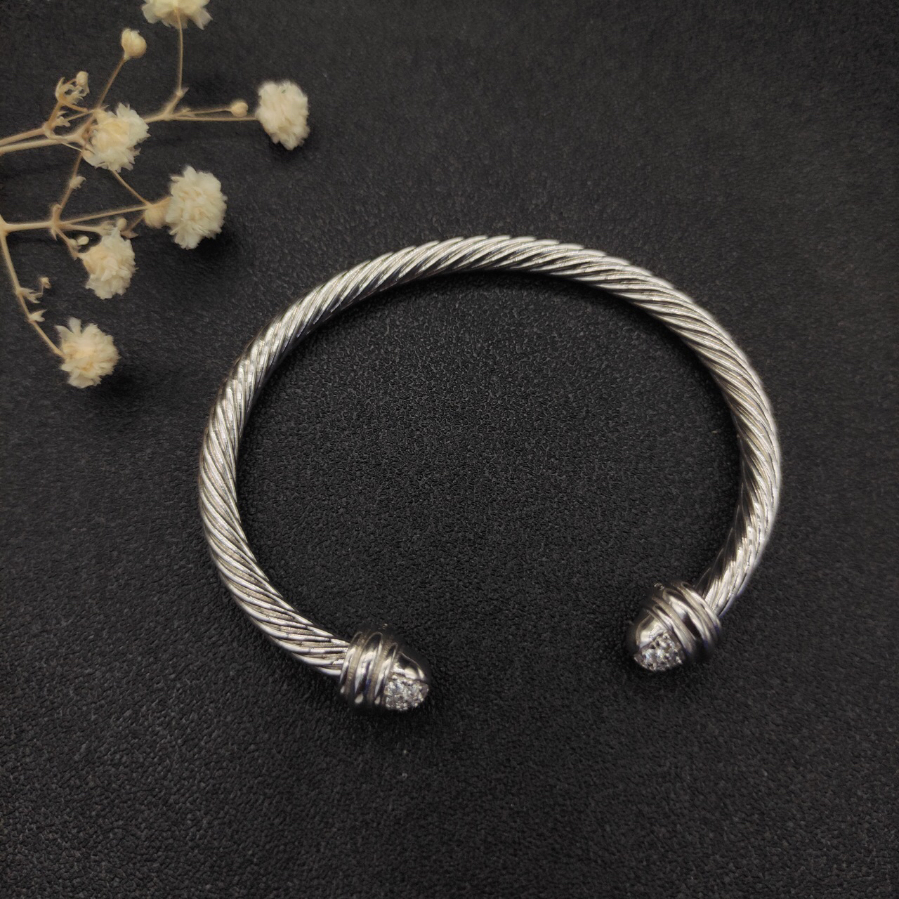 Classic Cable Bracelet Silver and  Half Diamonds 7 MM