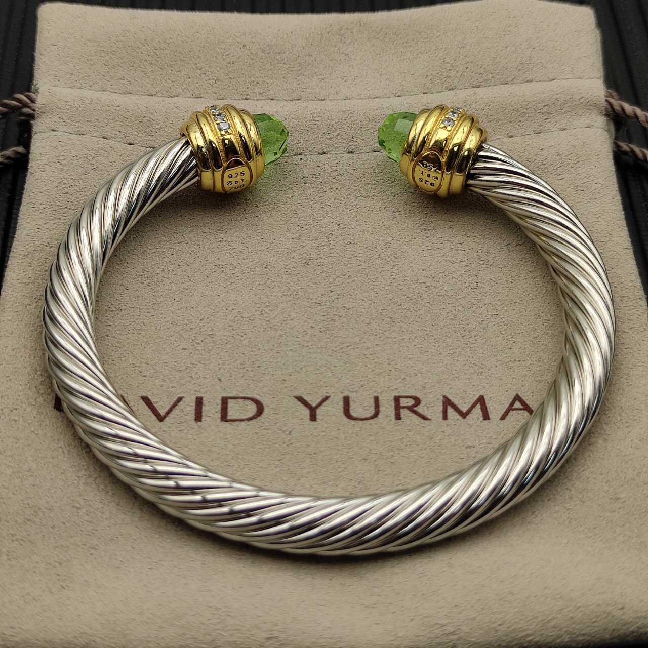 Classic Cablespira® Bracelet Sterling Silver with 14K Yellow Gold,Prasiolite and Diamonds, 7mm