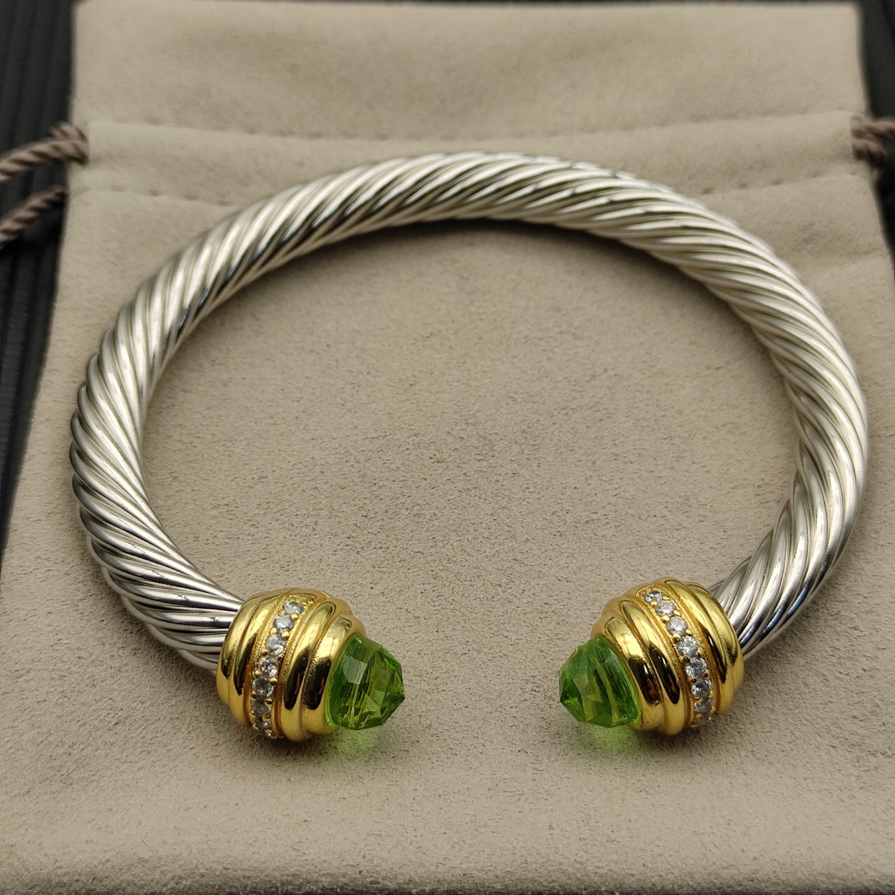 Classic Cablespira® Bracelet Sterling Silver with 14K Yellow Gold,Prasiolite and Diamonds, 7mm