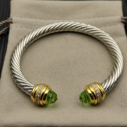 Classic Cablespira® Bracelet Sterling Silver with 14K Yellow Gold,Prasiolite and Diamonds, 7mm