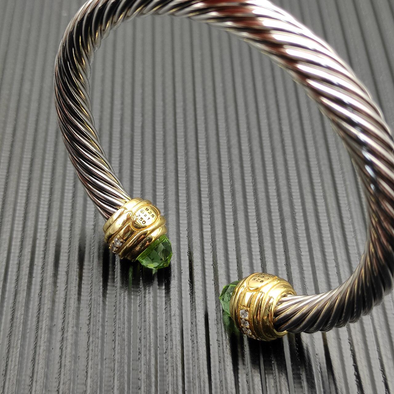 Classic Cablespira® Bracelet Sterling Silver with 14K Yellow Gold,Prasiolite and Diamonds, 7mm