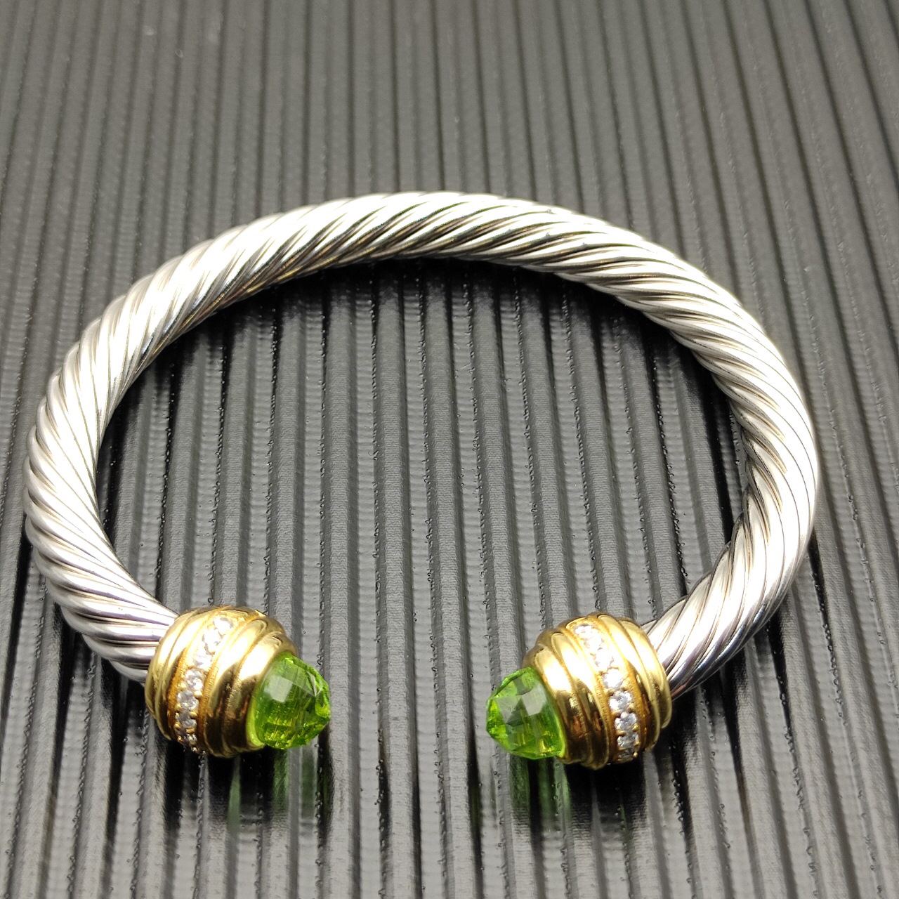 Classic Cablespira® Bracelet Sterling Silver with 14K Yellow Gold,Prasiolite and Diamonds, 7mm