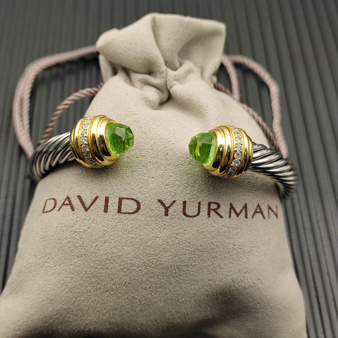 Classic Cablespira® Bracelet Sterling Silver with 14K Yellow Gold,Prasiolite and Diamonds, 7mm