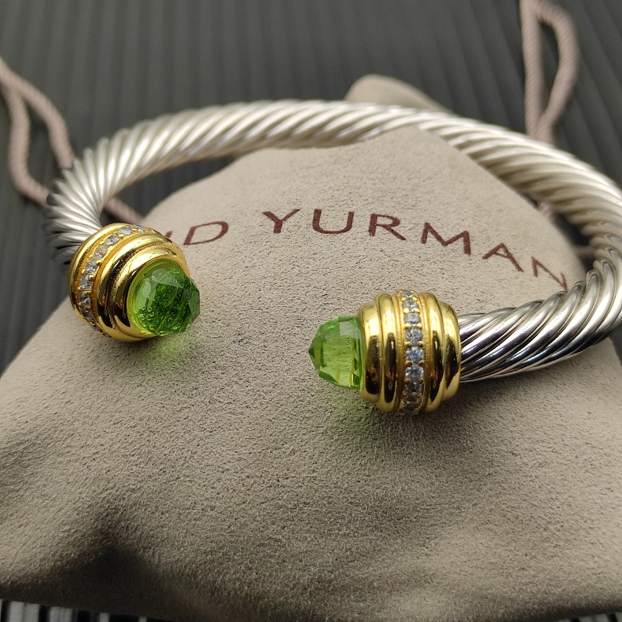 Classic Cablespira® Bracelet Sterling Silver with 14K Yellow Gold,Prasiolite and Diamonds, 7mm