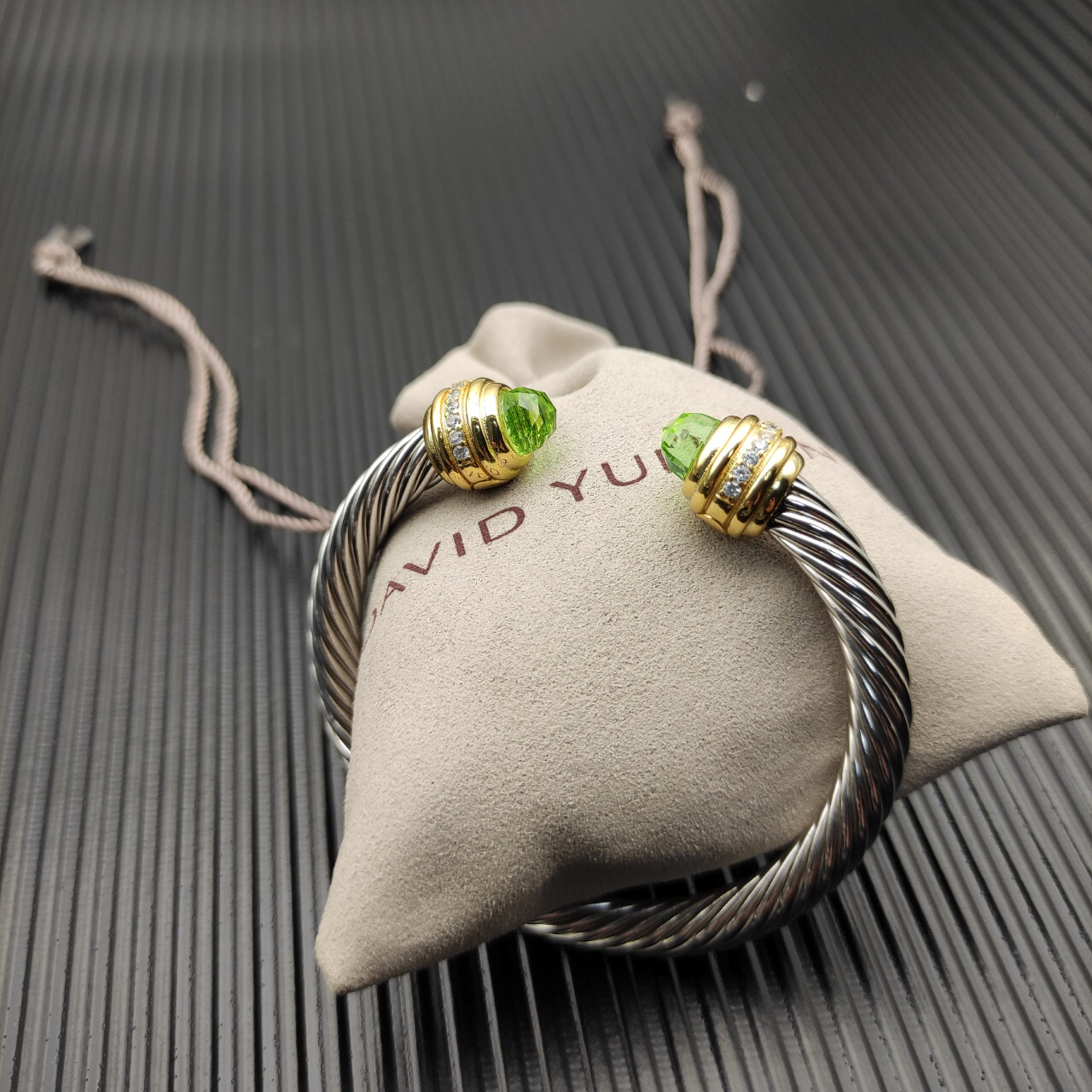 Classic Cablespira® Bracelet Sterling Silver with 14K Yellow Gold,Prasiolite and Diamonds, 7mm