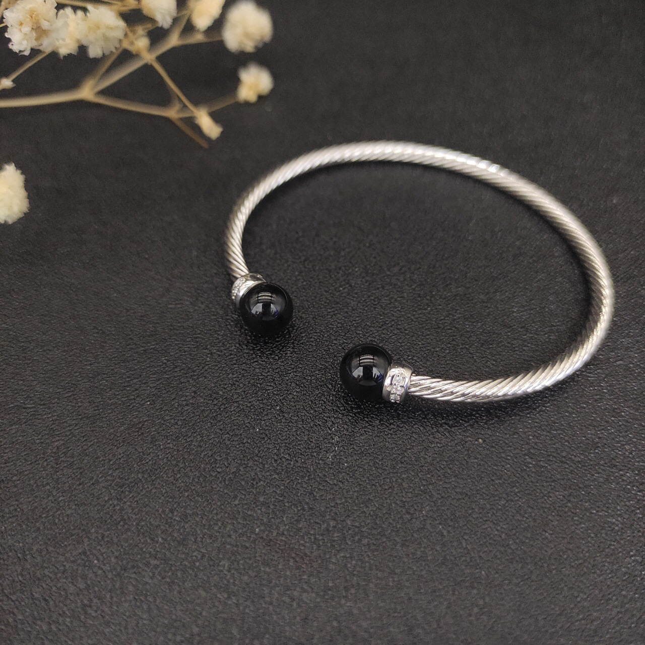 Solari Cablespira® Bracelet Sterling Silver with Black Agate and Diamonds, 3mm