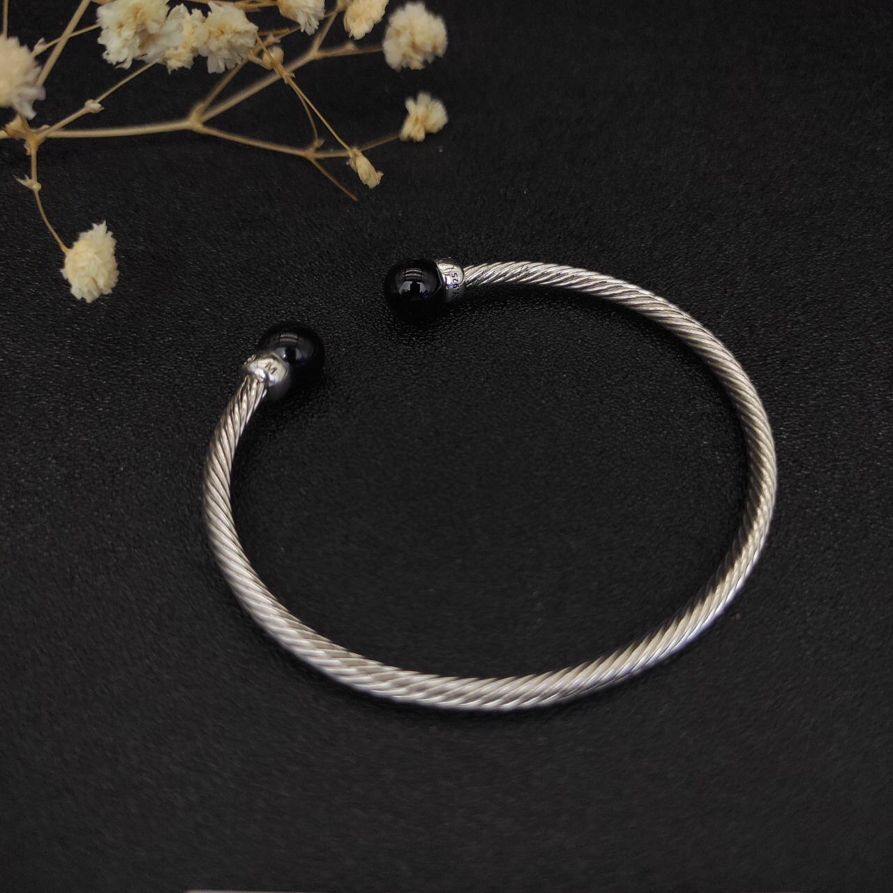 Solari Cablespira® Bracelet Sterling Silver with Black Agate and Diamonds, 3mm