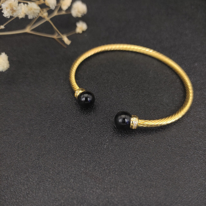 Solari Cablespira® Bracelet 18K Yellow Gold with Black Agate and Diamonds, 3mm