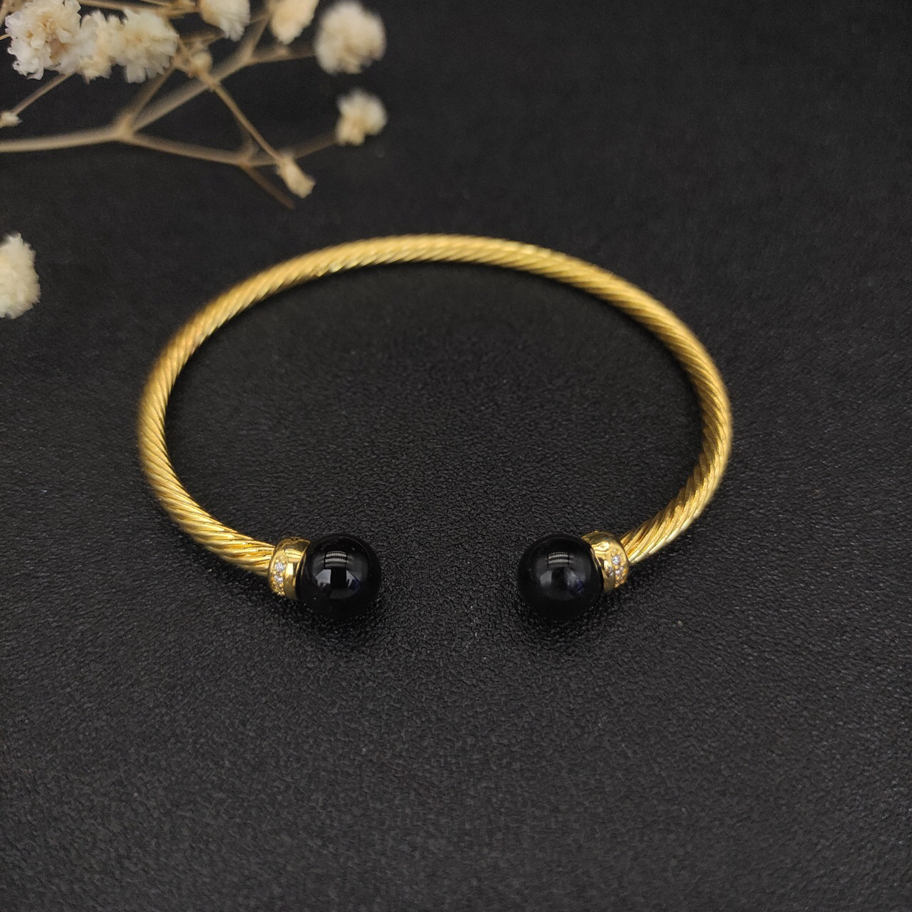 Solari Cablespira® Bracelet 18K Yellow Gold with Black Agate and Diamonds, 3mm