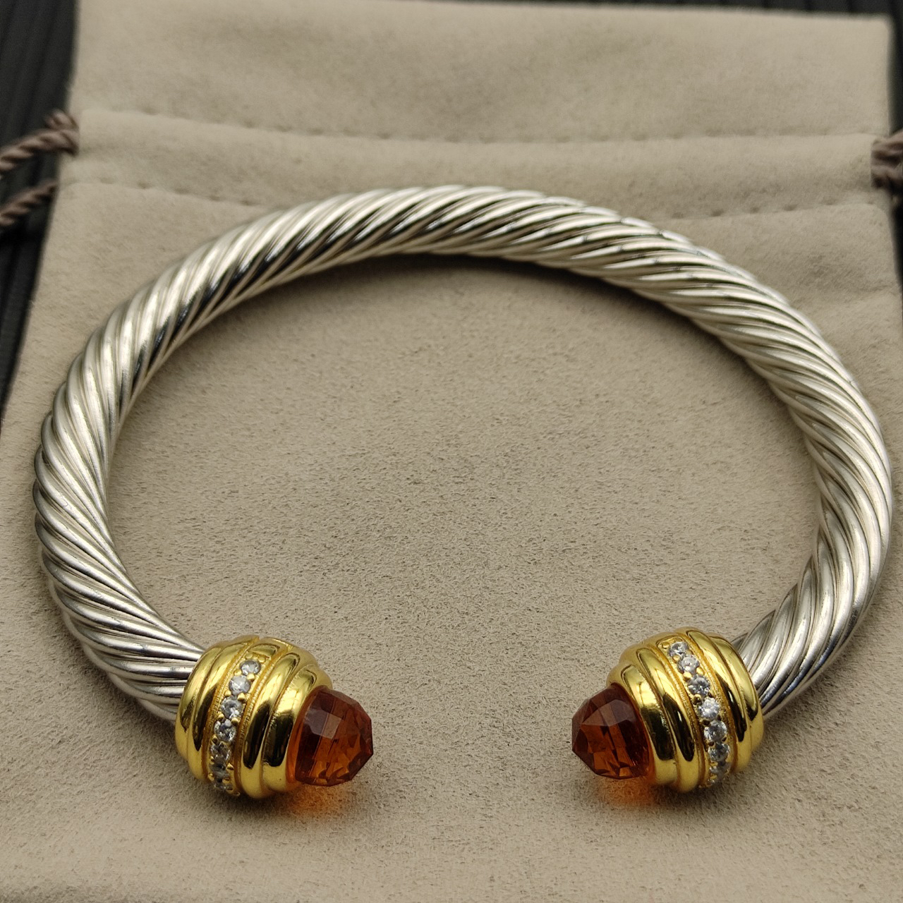 Classic Cablespira® Bracelet Sterling Silver with 14K Yellow Gold,Citrine and Diamonds, 7mm