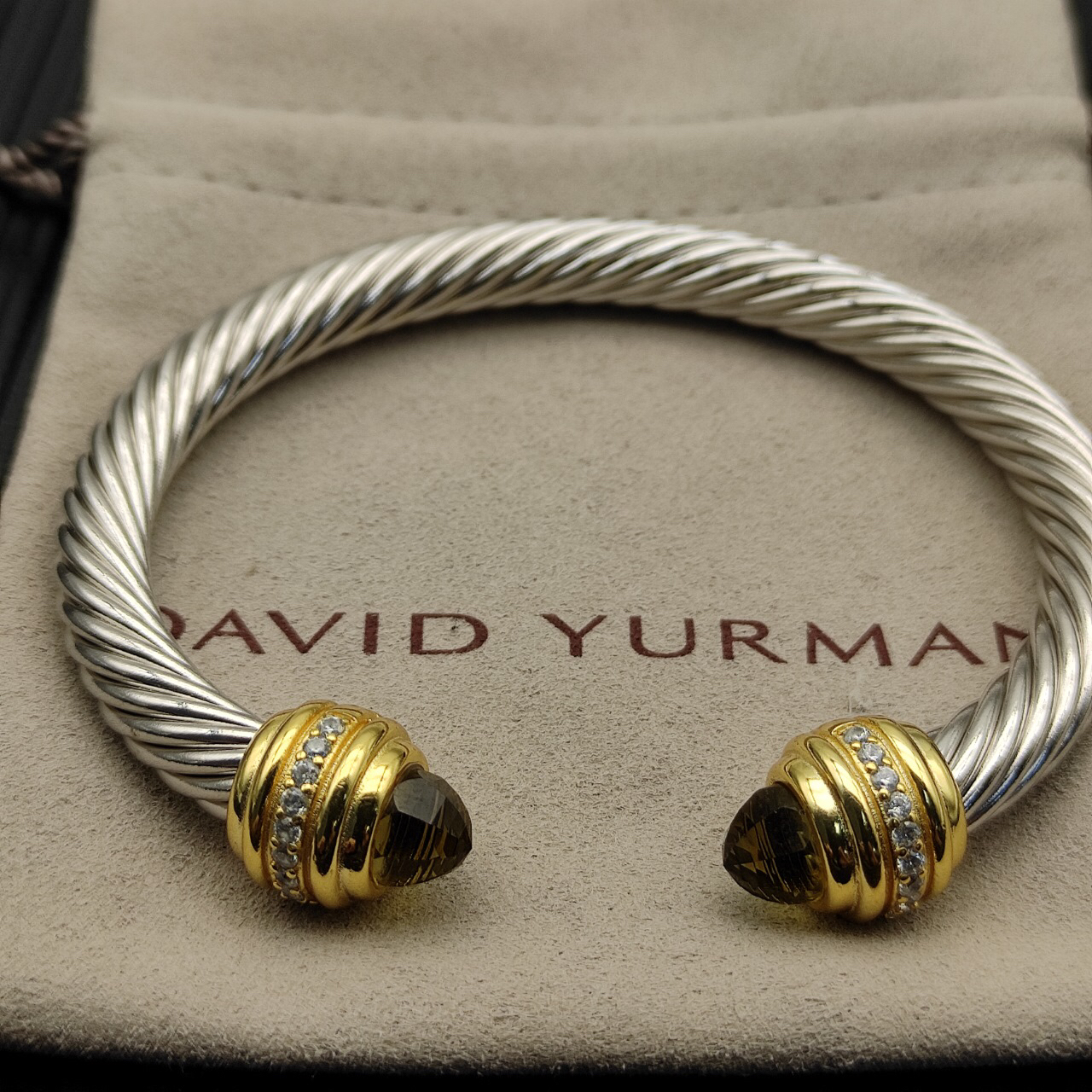 Classic Cablespira® Bracelet Sterling Silver with 14K Yellow Gold,brown and Diamonds, 7mm