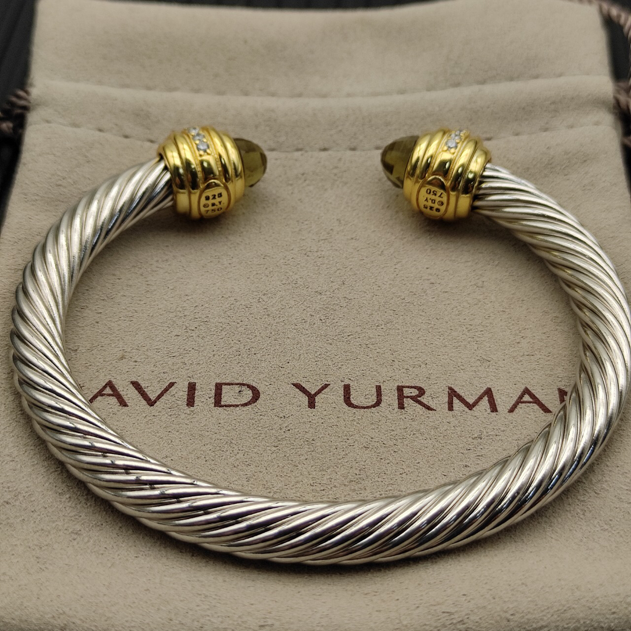 Classic Cablespira® Bracelet Sterling Silver with 14K Yellow Gold,brown and Diamonds, 7mm