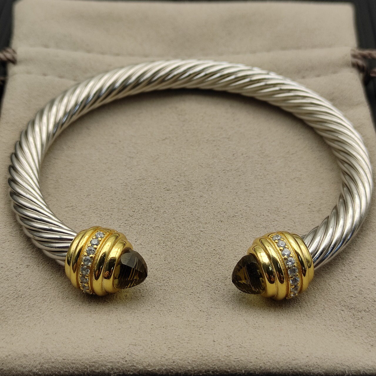 Classic Cablespira® Bracelet Sterling Silver with 14K Yellow Gold,brown and Diamonds, 7mm