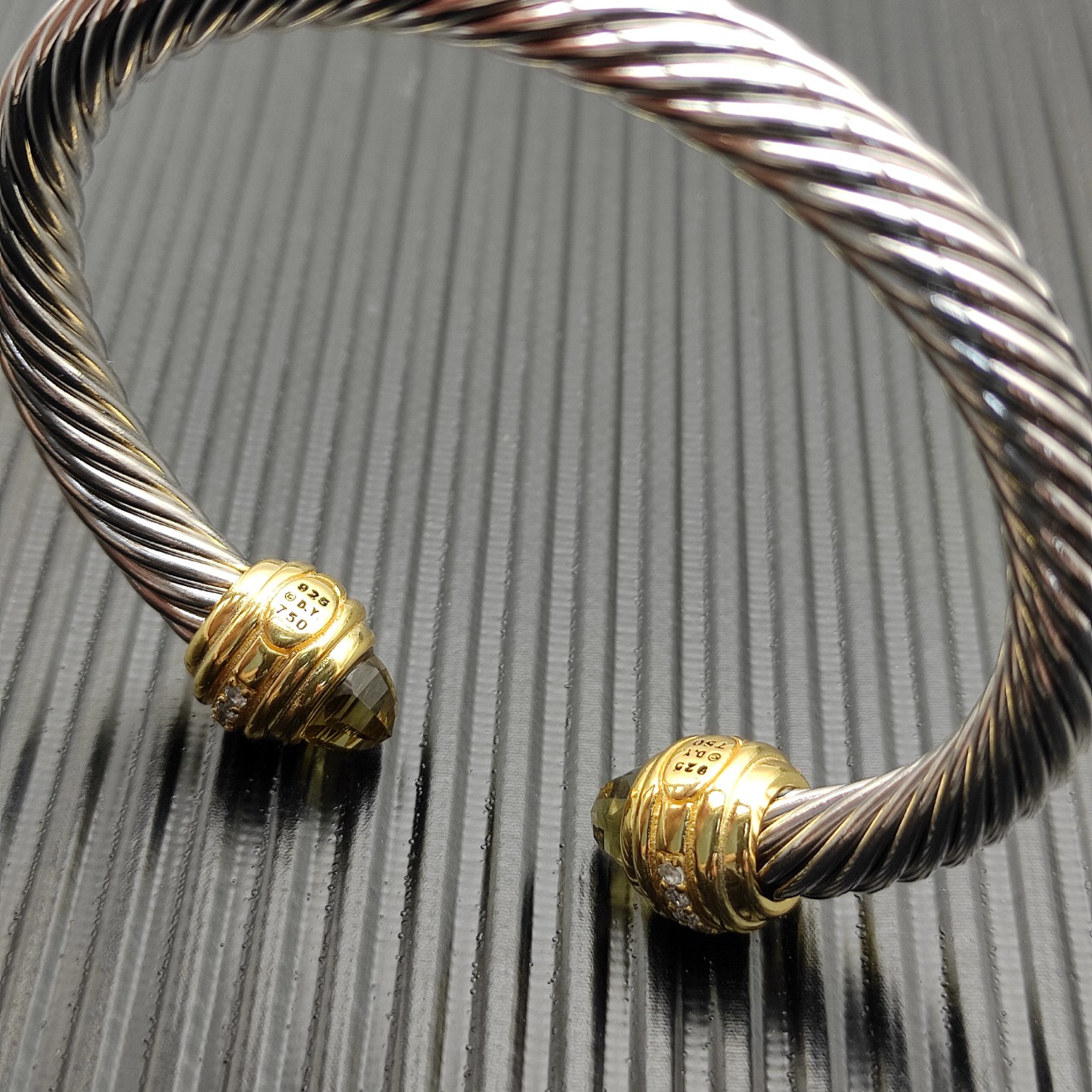 Classic Cablespira® Bracelet Sterling Silver with 14K Yellow Gold,brown and Diamonds, 7mm