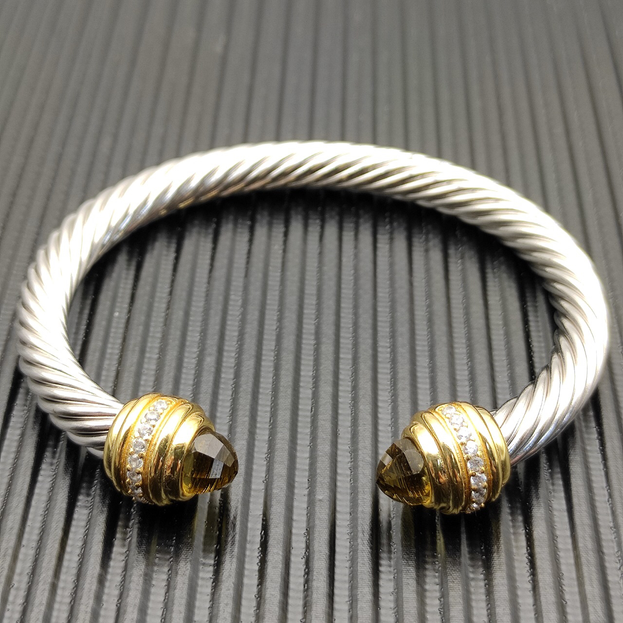 Classic Cablespira® Bracelet Sterling Silver with 14K Yellow Gold,brown and Diamonds, 7mm