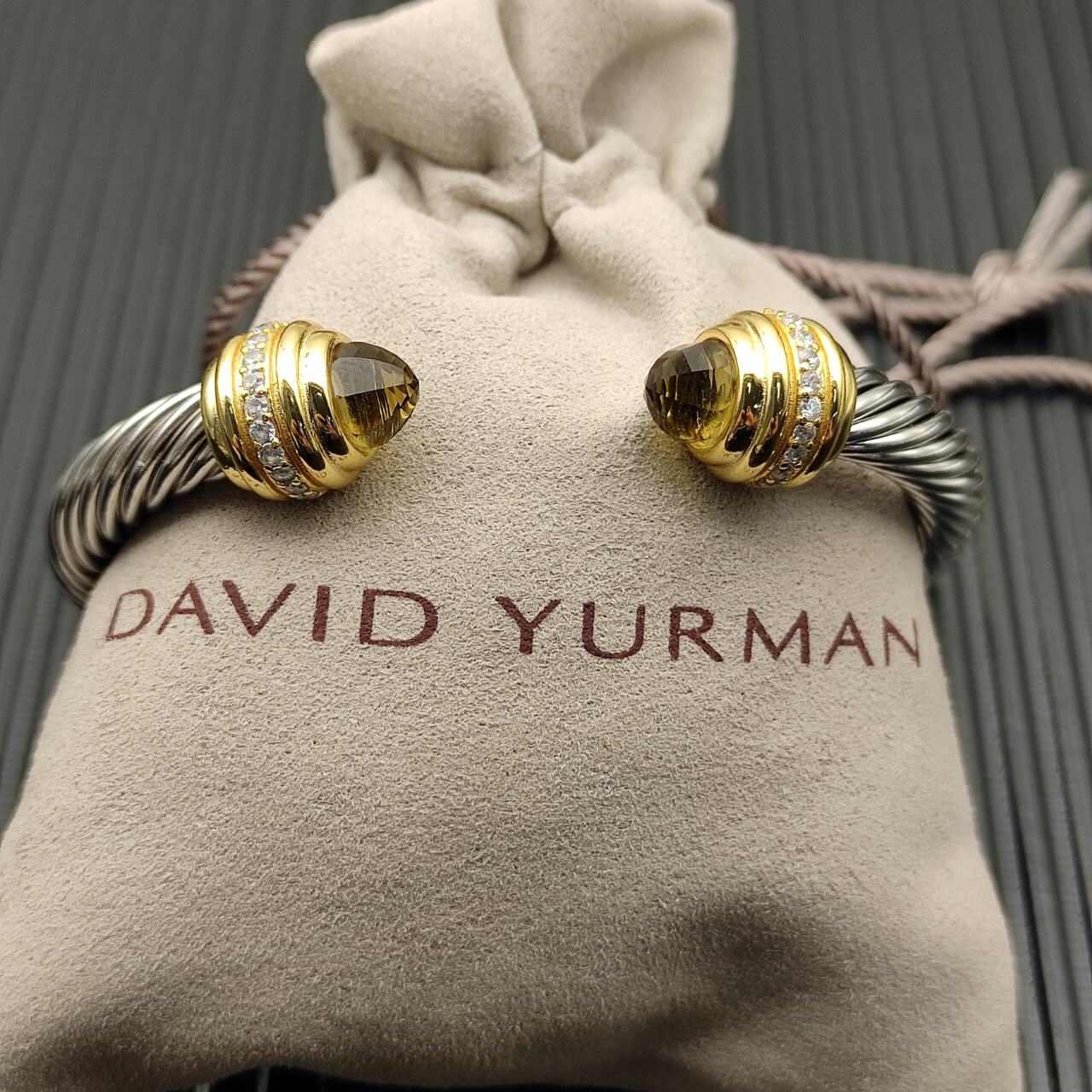 Classic Cablespira® Bracelet Sterling Silver with 14K Yellow Gold,brown and Diamonds, 7mm