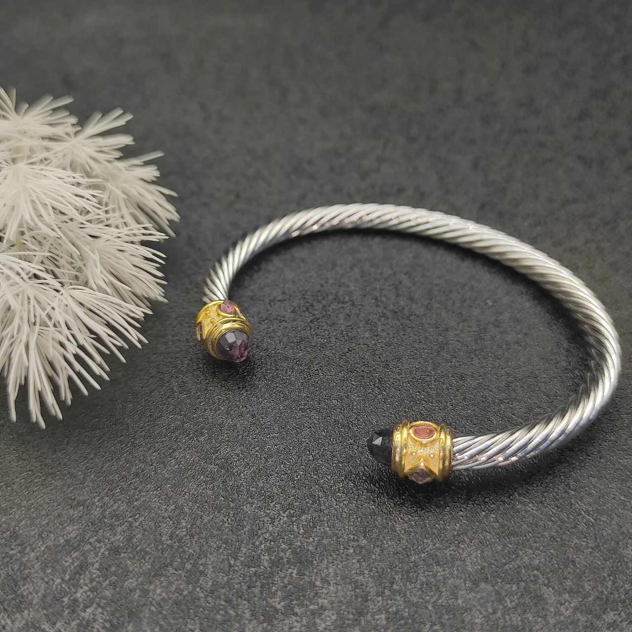 Renaissance® Classic Cable Bracelet Sterling Silver with 14K Yellow Gold, Amethyst, 5mm