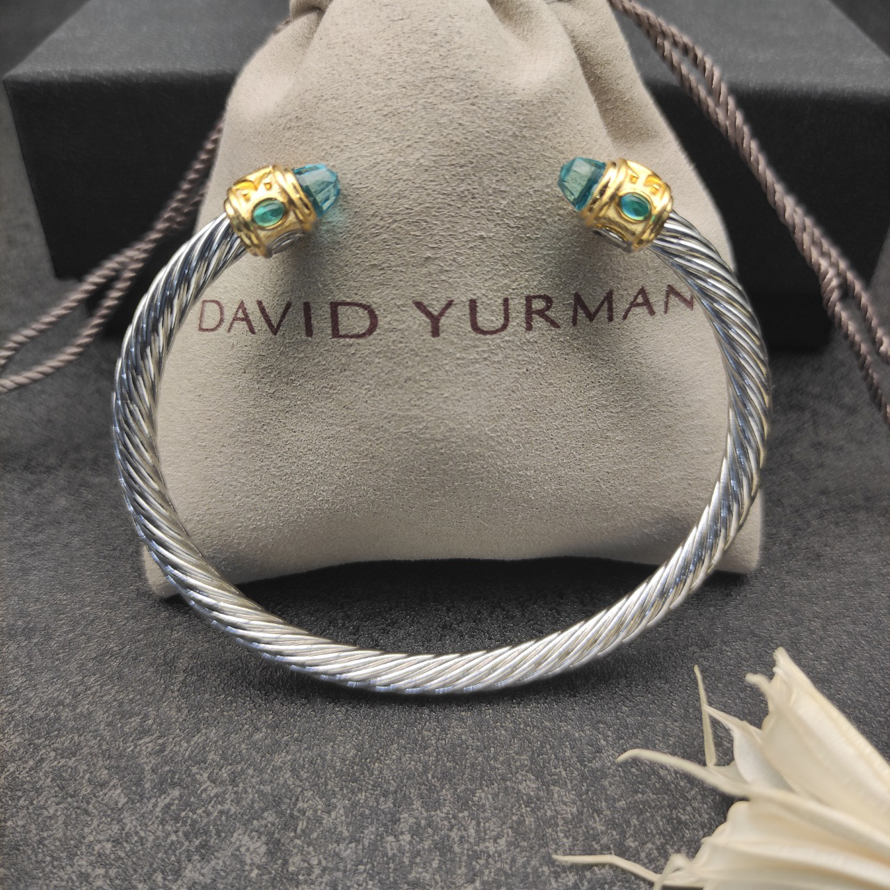 Renaissance® Classic Cable Bracelet Sterling Silver with 14K Yellow Gold, Blue Topaz, 5mm