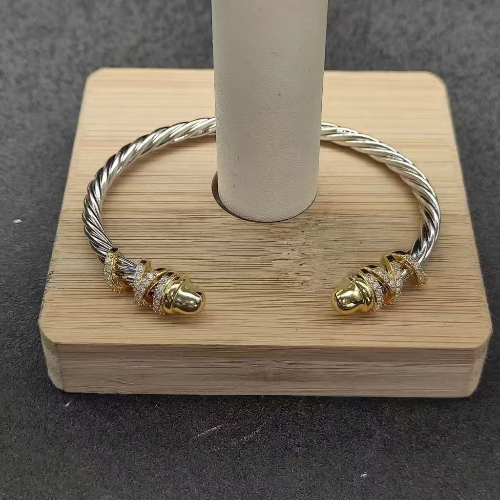 Petite Helena Classic Cable Bracelet Sterling Silver with 18K Yellow Gold, Gold Domes and Diamonds, 4mm
