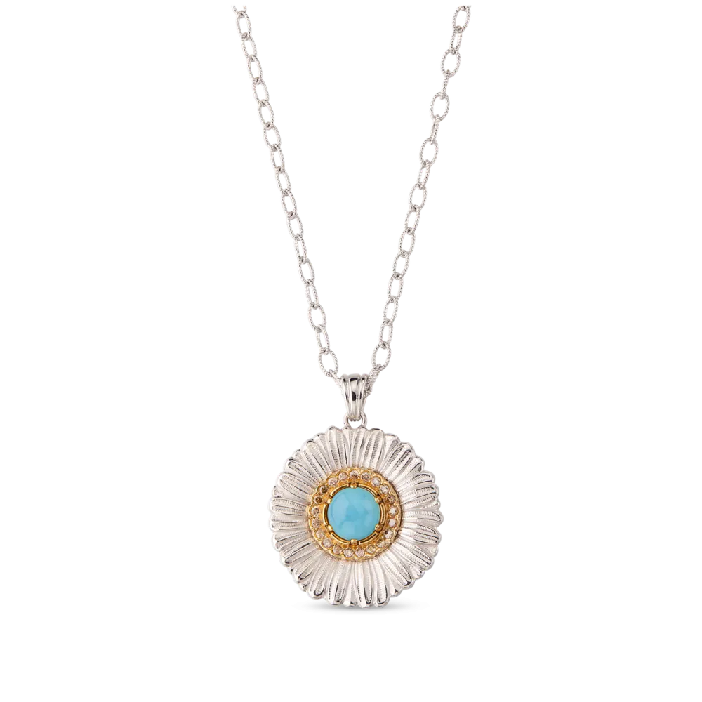 BLOSSOMS SILVER PENDANT WITH FANCY BROWN DIAMONDS AND LIGHT BLUE AGATE