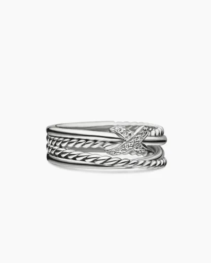 X Crossover Band Ring Sterling Silver with Diamonds