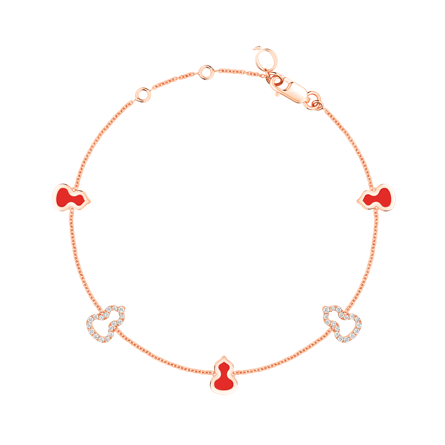 Wulu sautoir bracelet in 18K rose gold with diamonds and red enamel