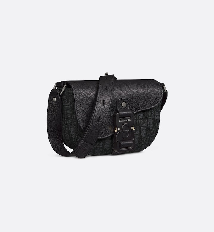 Mini Saddle Messenger Bag with Flap Black Oblique Jacquard and Black Grained Calfskin